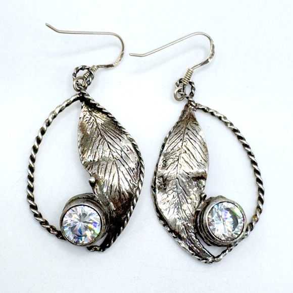 Artisan Jewelry - Artisan Sterling Silver CZ Earrings Leaf Modernist Artistic 2"
